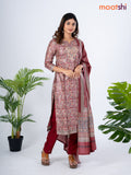 Modal salwar suit maroon with allover kalamkari prints & zardosi work neck pattern and straight cut pant & dupatta