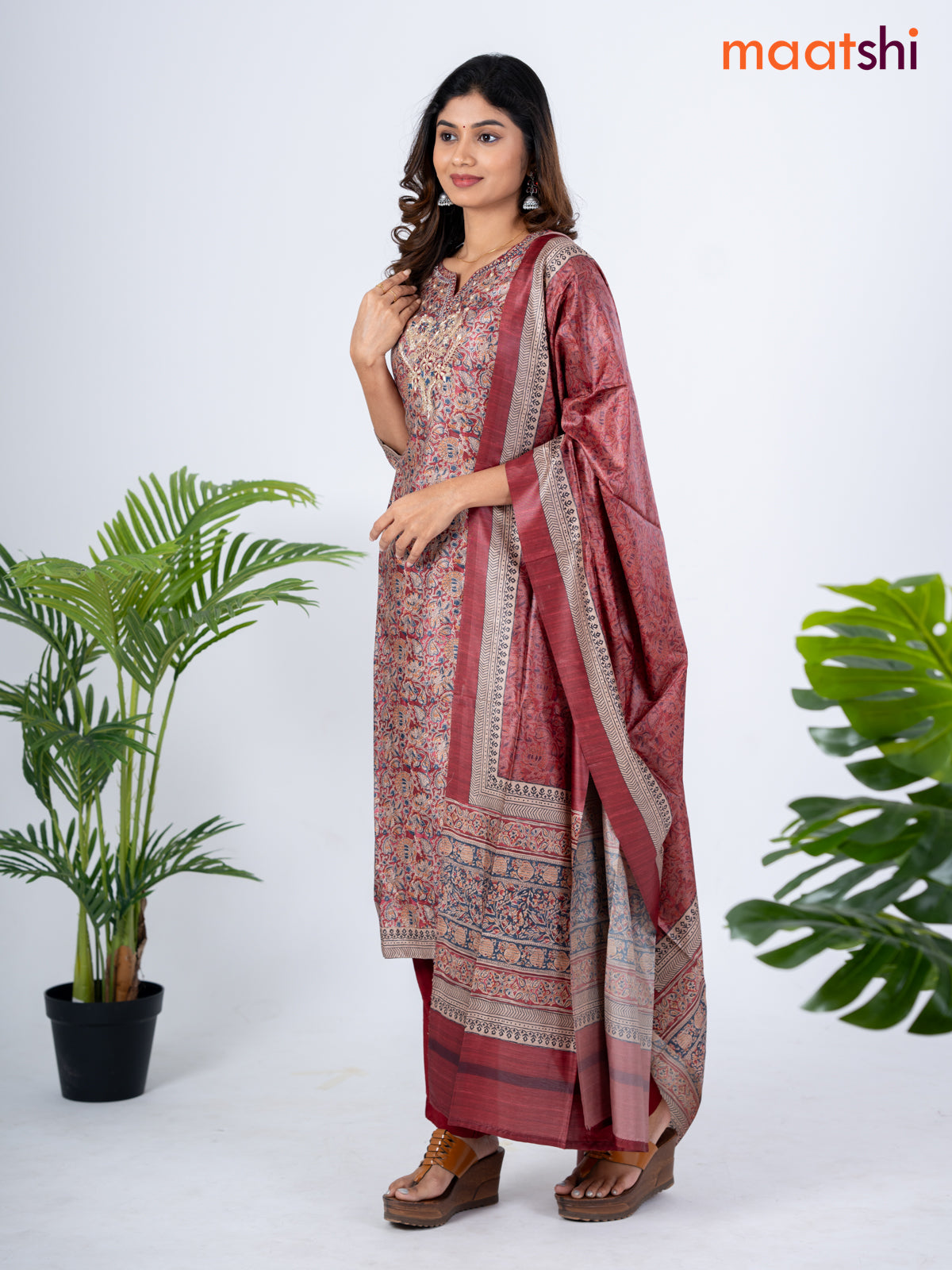 Modal salwar suit maroon with allover kalamkari prints & zardosi work neck pattern and straight cut pant & dupatta