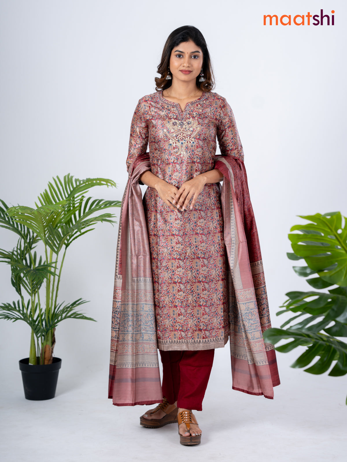 Modal salwar suit maroon with allover kalamkari prints & zardosi work neck pattern and straight cut pant & dupatta