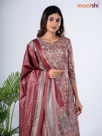 Modal salwar suit maroon with allover kalamkari prints & zardosi work neck pattern and straight cut pant & dupatta