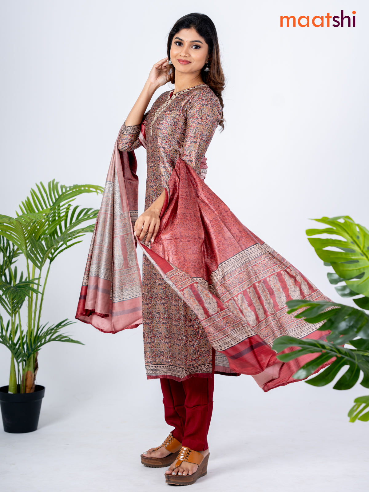 Modal salwar suit multi colour and maroon with allover kalamkari prints & zardosi work neck pattern and straight cut pant & dupatta