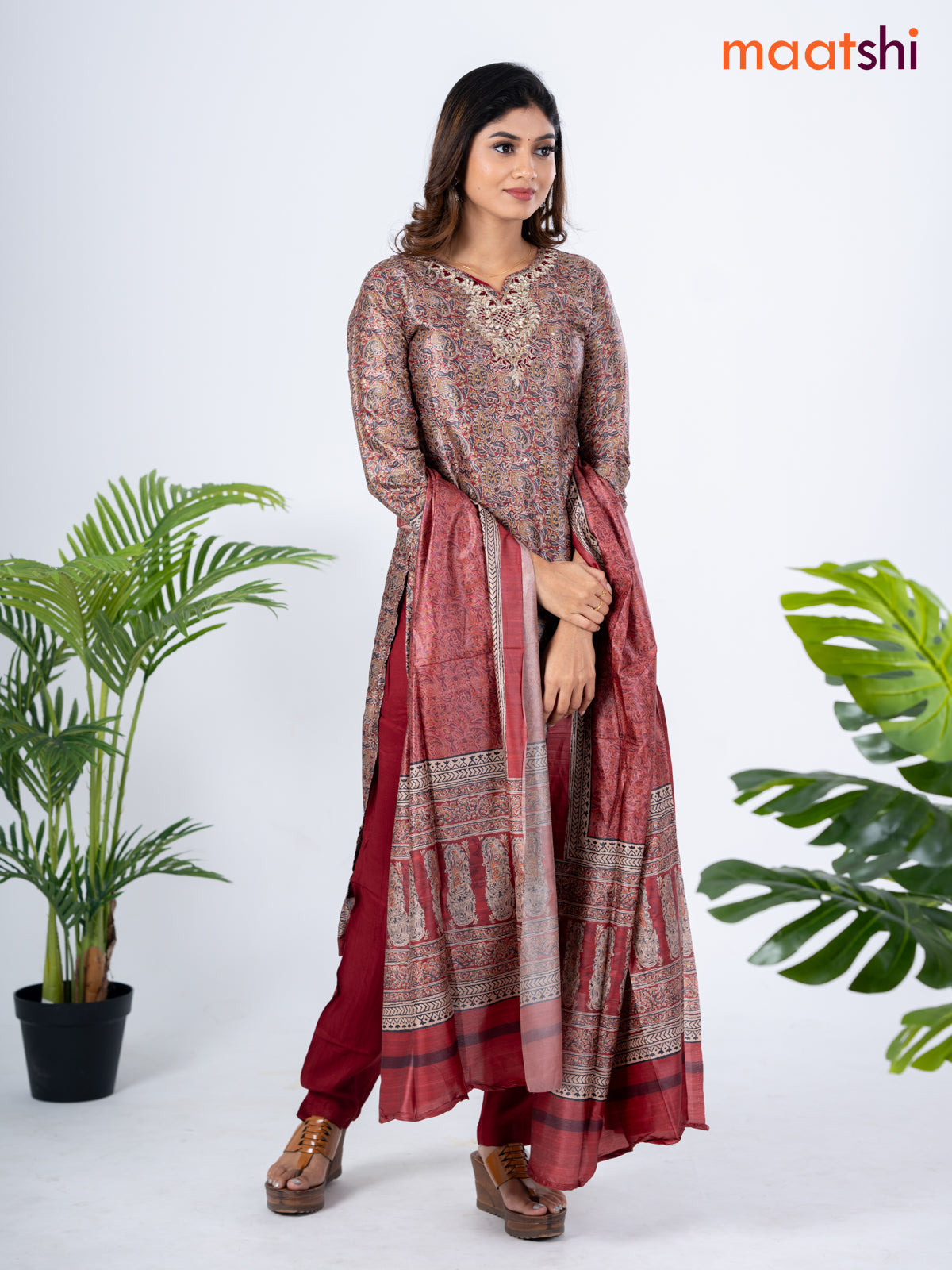 Modal salwar suit multi colour and maroon with allover kalamkari prints & zardosi work neck pattern and straight cut pant & dupatta
