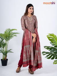 Modal salwar suit multi colour and maroon with allover kalamkari prints & zardosi work neck pattern and straight cut pant & dupatta