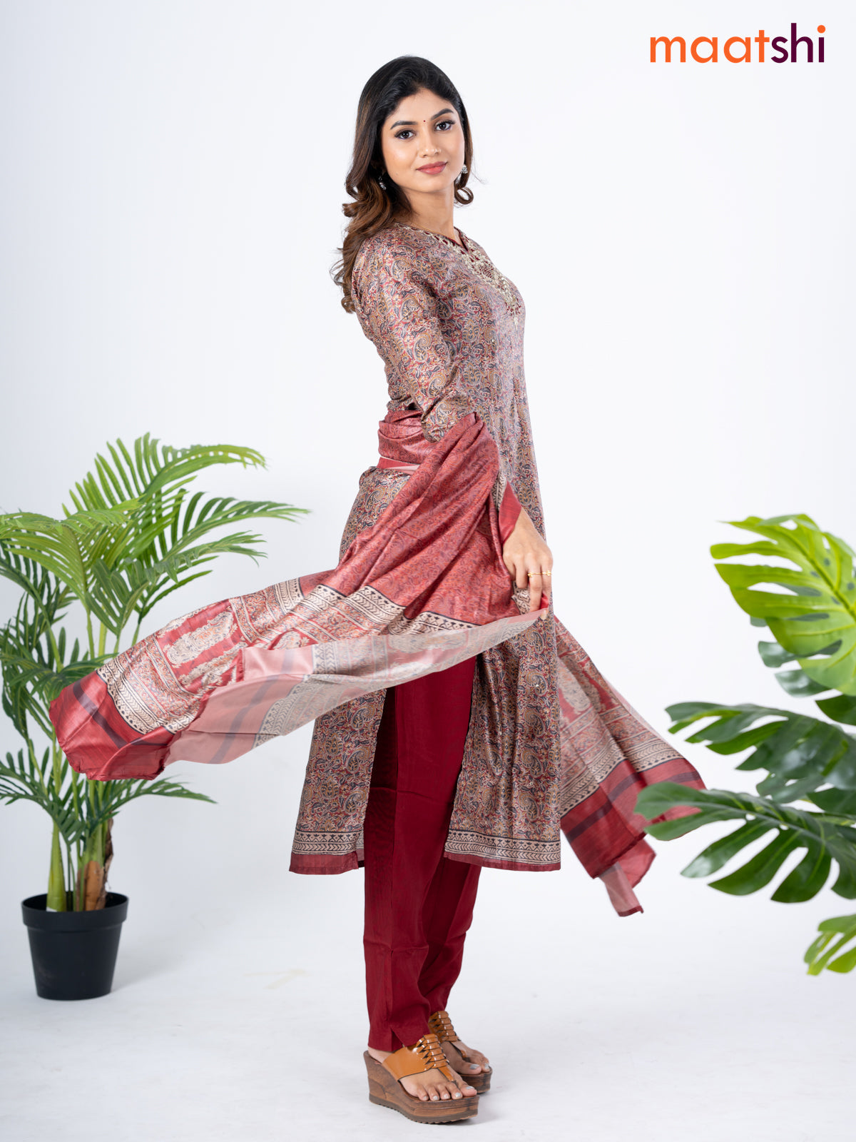 Modal salwar suit multi colour and maroon with allover kalamkari prints & zardosi work neck pattern and straight cut pant & dupatta