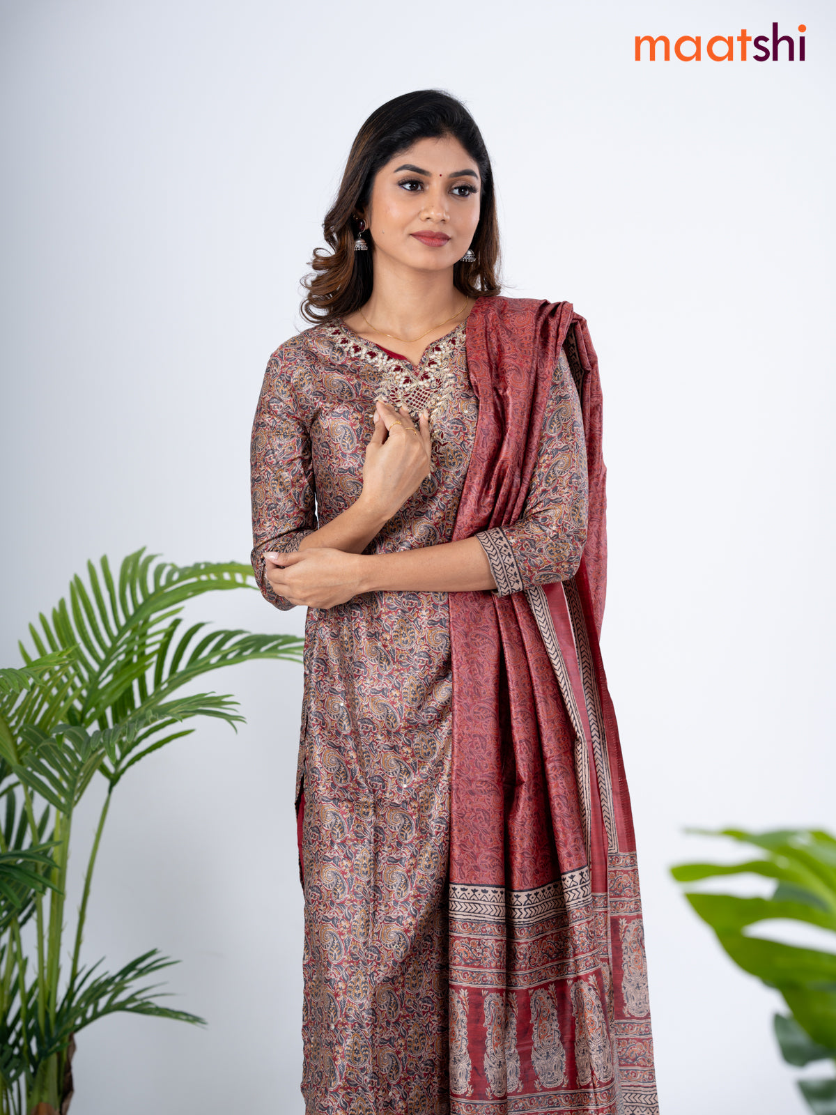 Modal salwar suit multi colour and maroon with allover kalamkari prints & zardosi work neck pattern and straight cut pant & dupatta