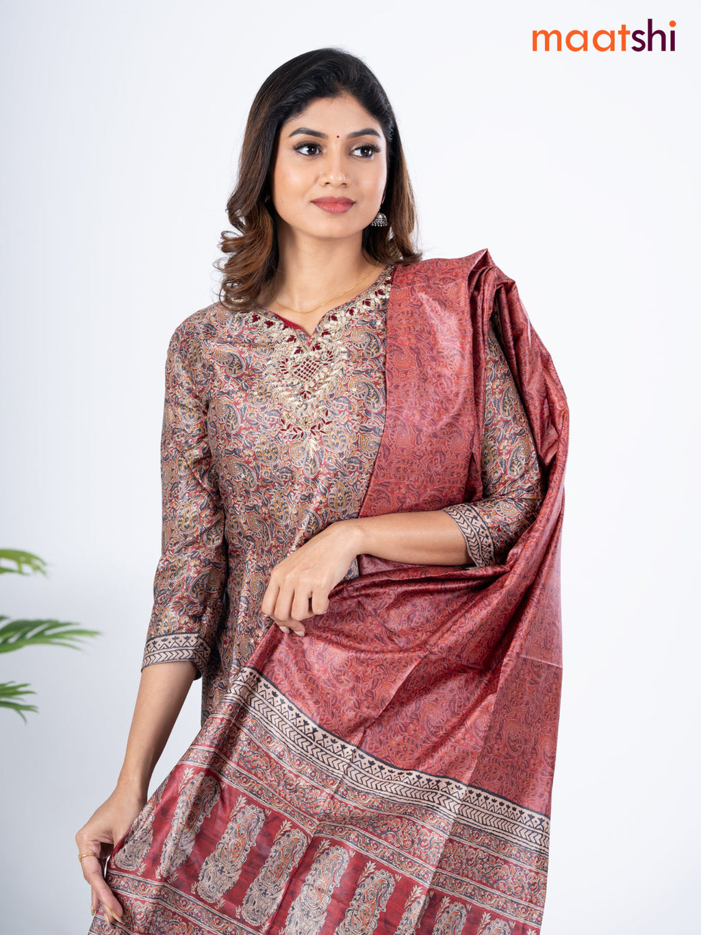 Modal salwar suit multi colour and maroon with allover kalamkari prints & zardosi work neck pattern and straight cut pant & dupatta