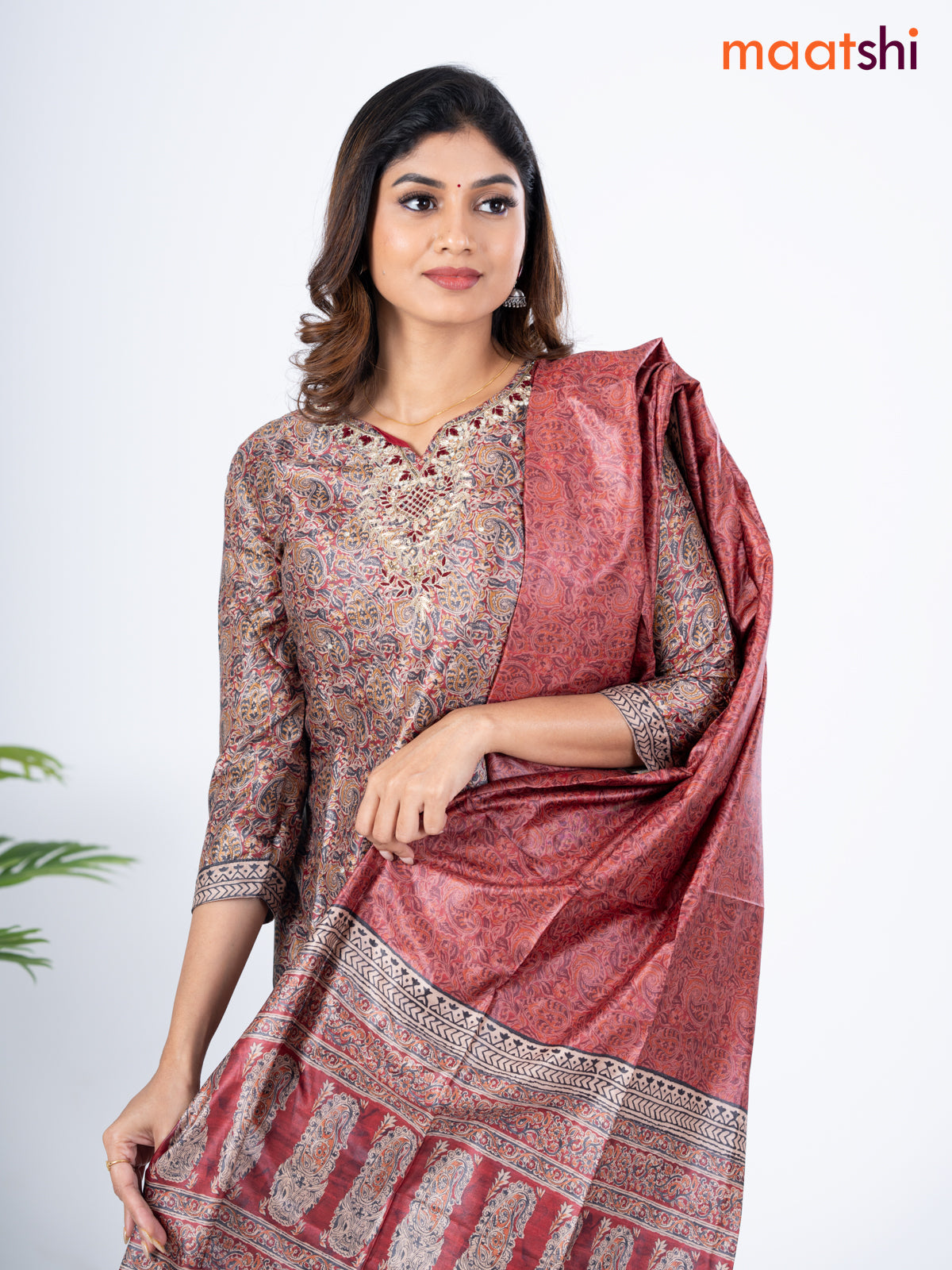 Modal salwar suit multi colour and maroon with allover kalamkari prints & zardosi work neck pattern and straight cut pant & dupatta