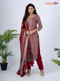 Modal salwar suit maroon and grey shade with allover kalamkari prints & zardosi work neck pattern and straight cut pant & dupatta
