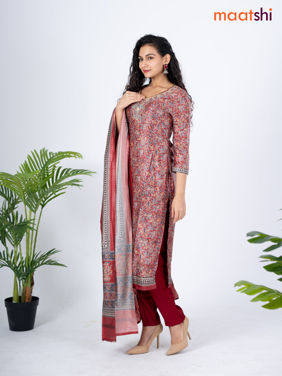 Modal salwar suit maroon and grey shade with allover kalamkari prints & zardosi work neck pattern and straight cut pant & dupatta