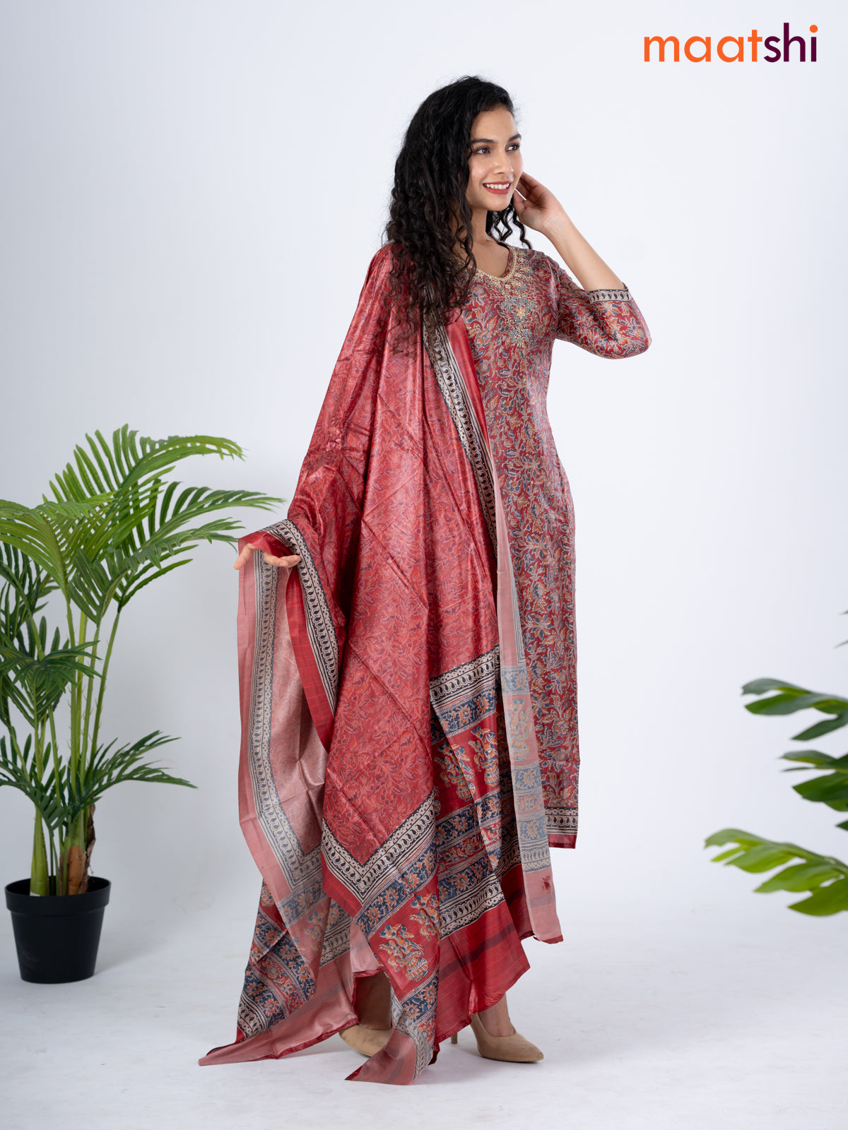 Modal salwar suit maroon and grey shade with allover kalamkari prints & zardosi work neck pattern and straight cut pant & dupatta