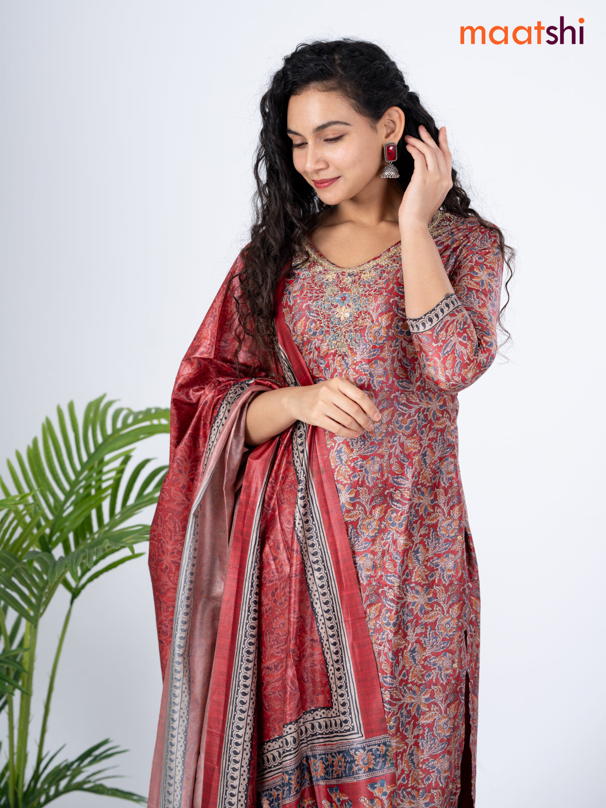Modal salwar suit maroon and grey shade with allover kalamkari prints & zardosi work neck pattern and straight cut pant & dupatta