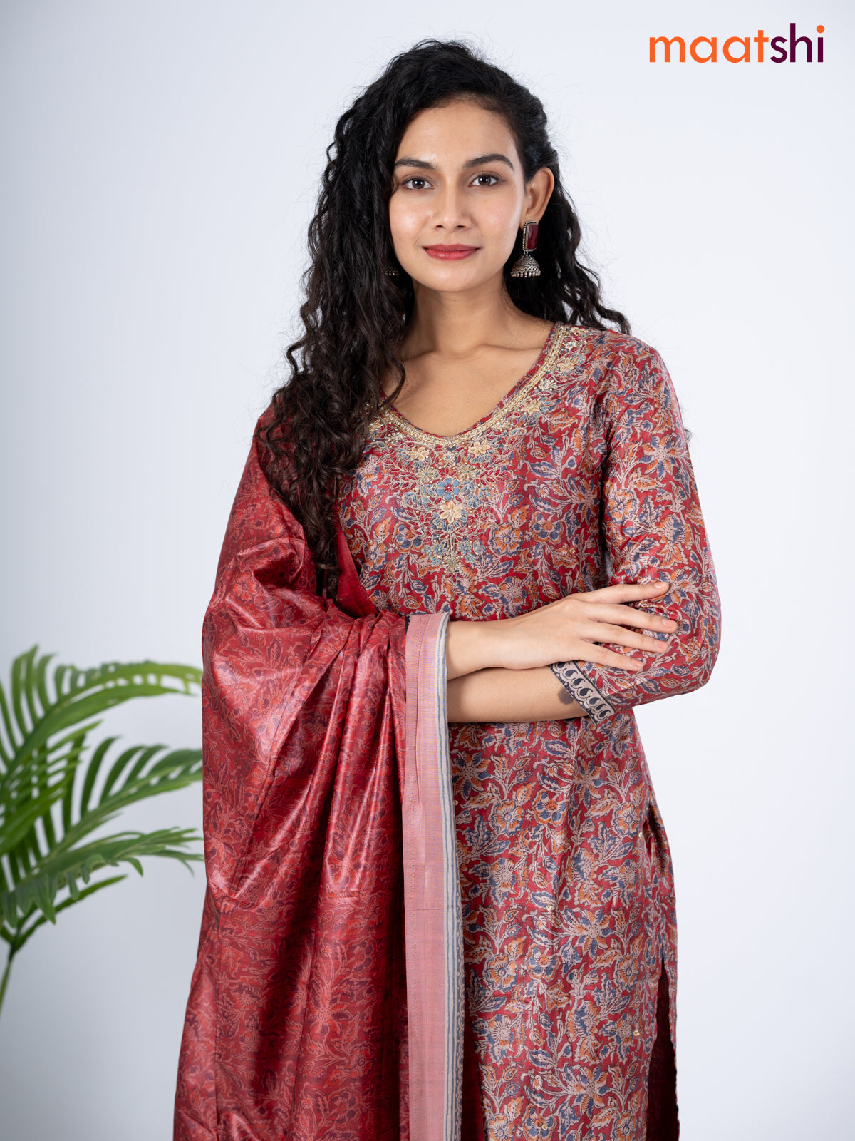 Modal salwar suit maroon and grey shade with allover kalamkari prints & zardosi work neck pattern and straight cut pant & dupatta