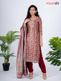 Modal salwar suit maroon with allover kalamkari prints & zardosi worl neck pattern and straight cut pant & dupatta
