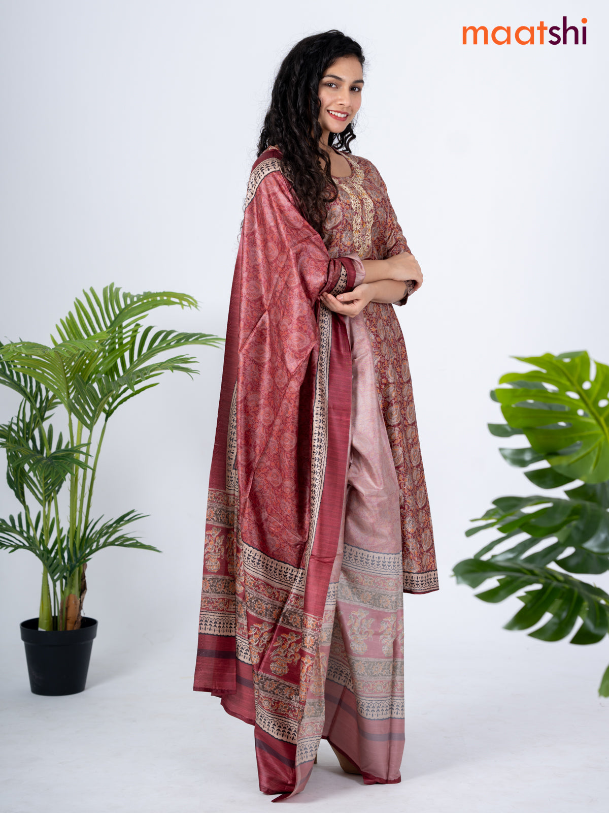 Modal salwar suit maroon with allover kalamkari prints & zardosi worl neck pattern and straight cut pant & dupatta