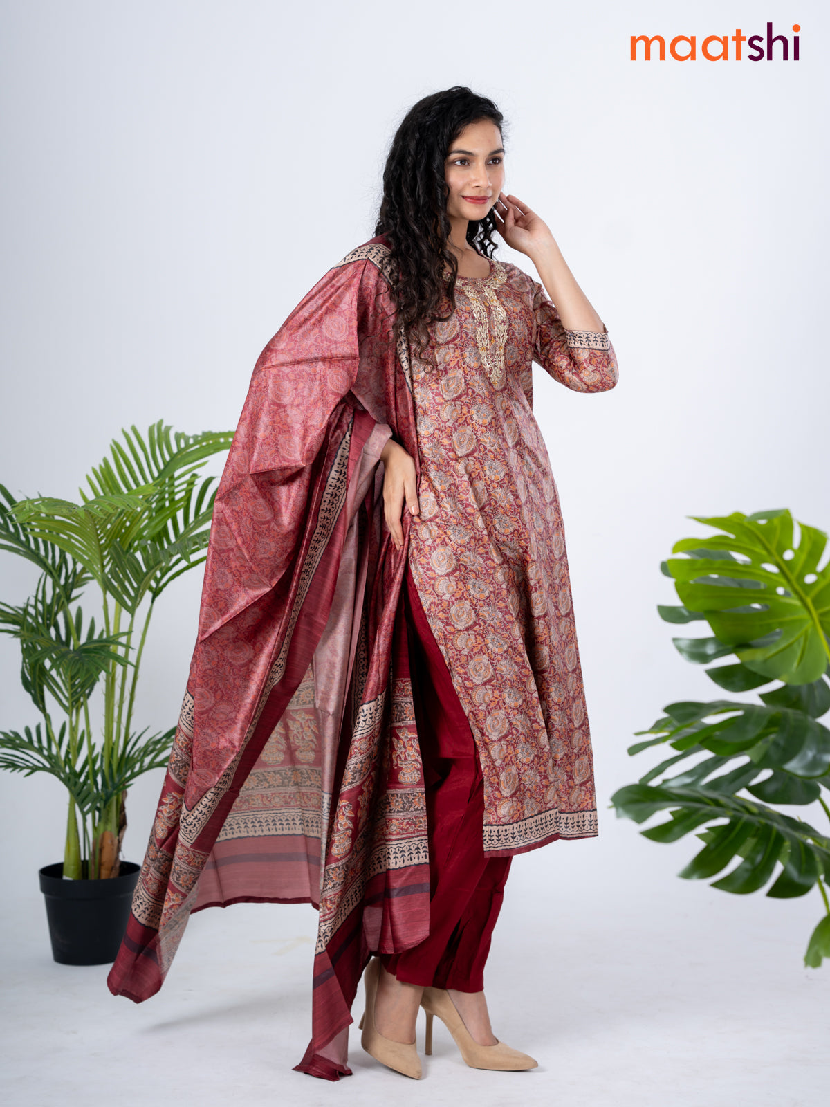 Modal salwar suit maroon with allover kalamkari prints & zardosi worl neck pattern and straight cut pant & dupatta
