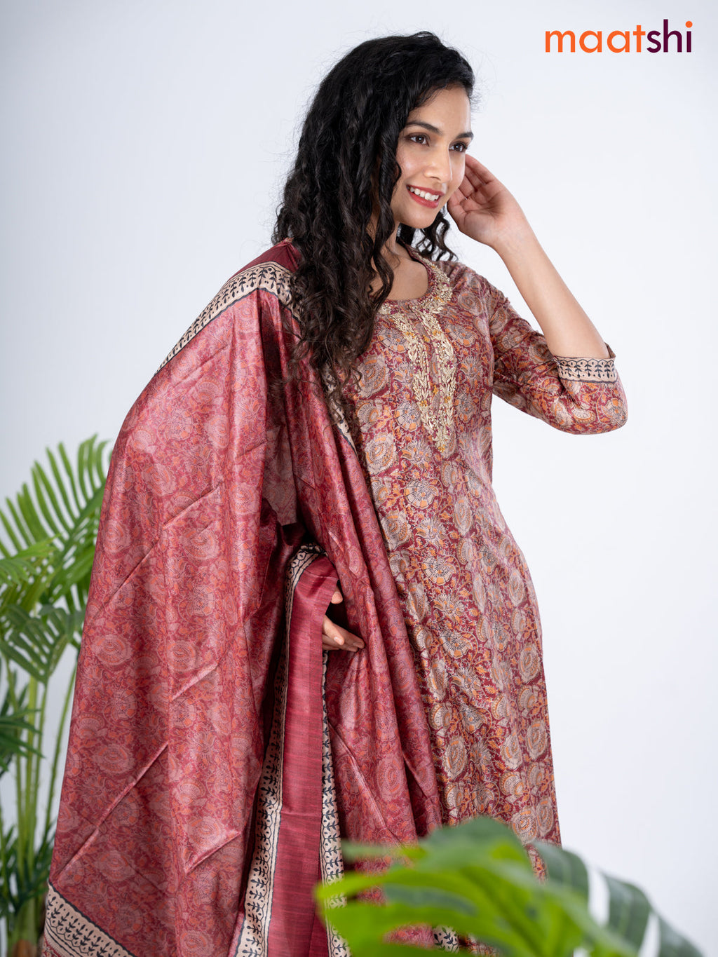 Modal salwar suit maroon with allover kalamkari prints & zardosi worl neck pattern and straight cut pant & dupatta