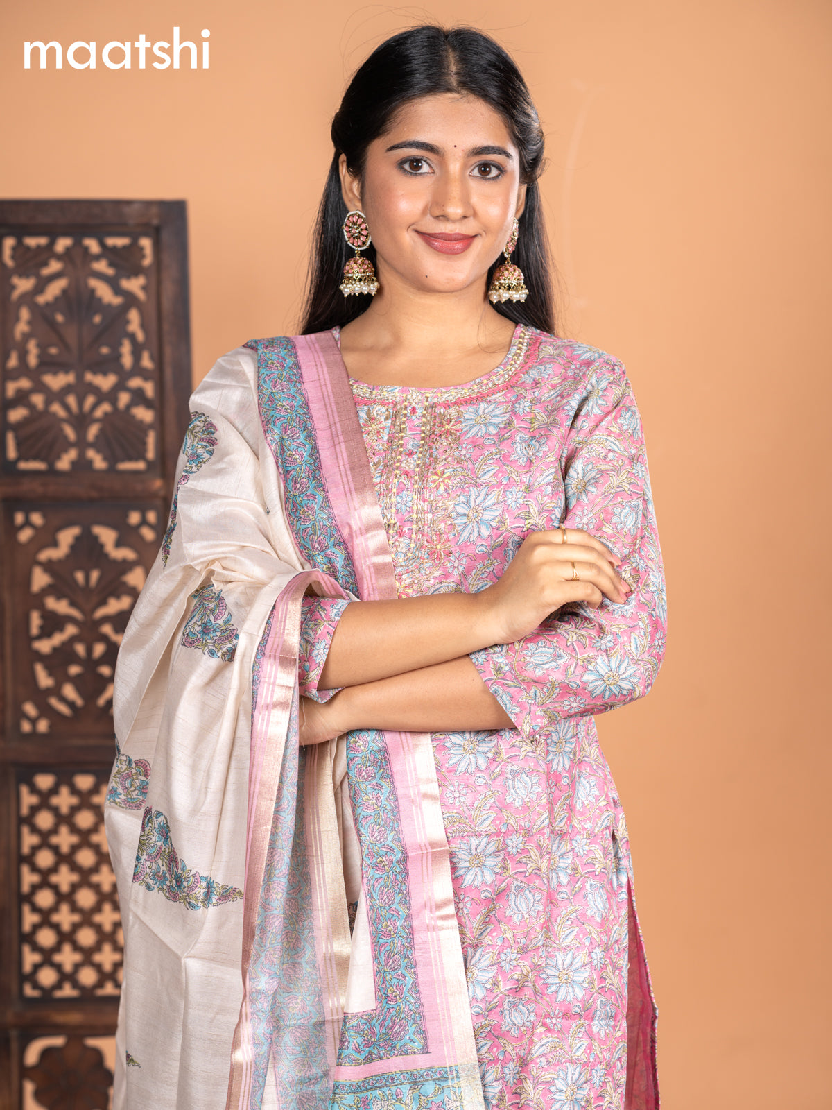 Chanderi salwar suit pink with allover kalamkari prints & embroidery zardosi work neck pattern and straight cut pant & dupatta