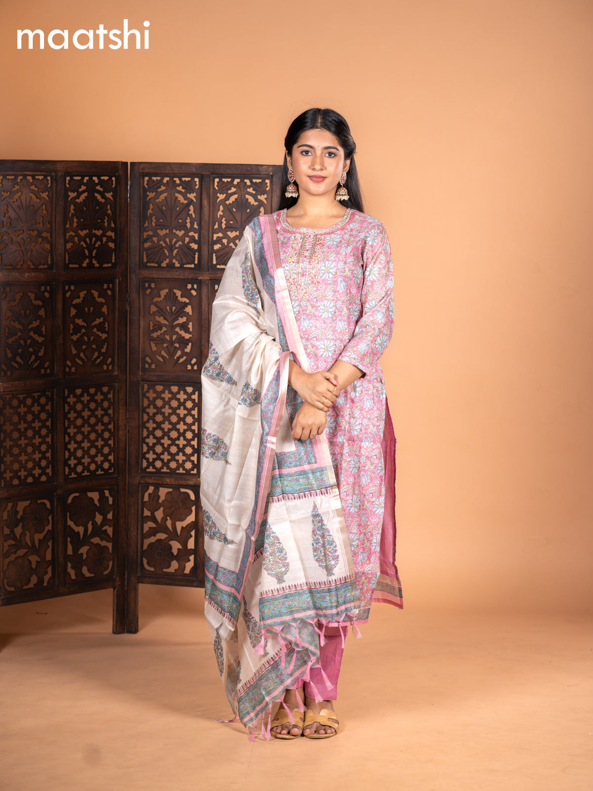 Chanderi salwar suit pink with allover kalamkari prints & embroidery zardosi work neck pattern and straight cut pant & dupatta