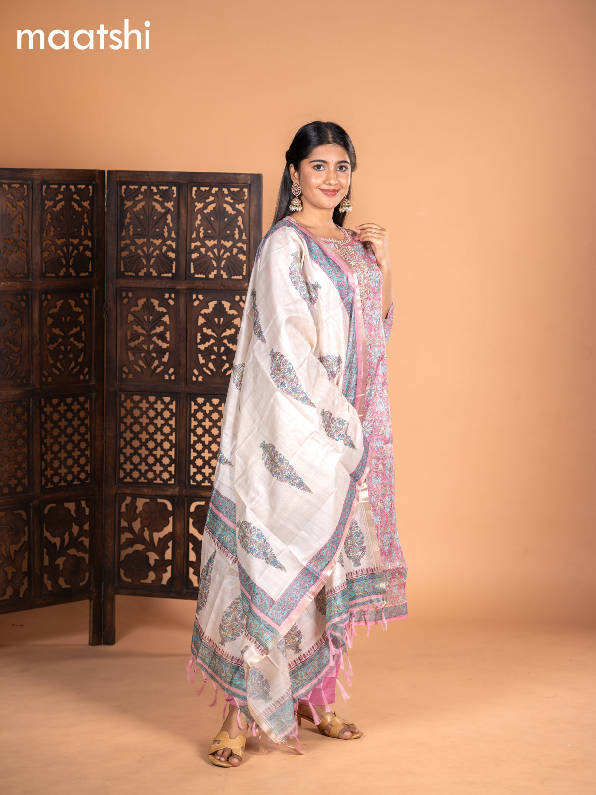Chanderi salwar suit pink with allover kalamkari prints & embroidery zardosi work neck pattern and straight cut pant & dupatta