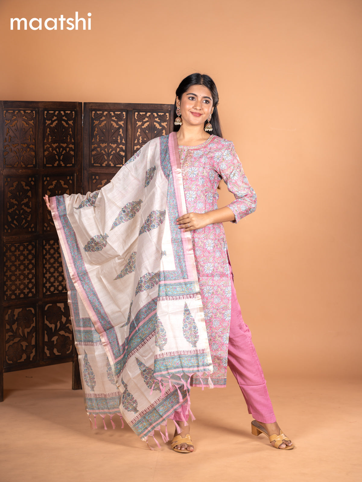Chanderi salwar suit pink with allover kalamkari prints & embroidery zardosi work neck pattern and straight cut pant & dupatta