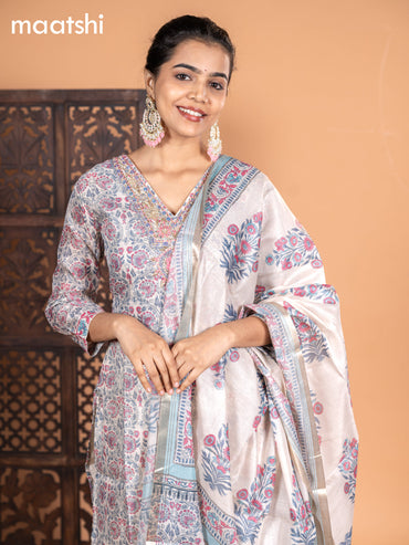 Chanderi salwar suit cream grey and light blue with allover kalamkari prints & embroidery zardosi work v neck pattern and straight cut pant & dupatta