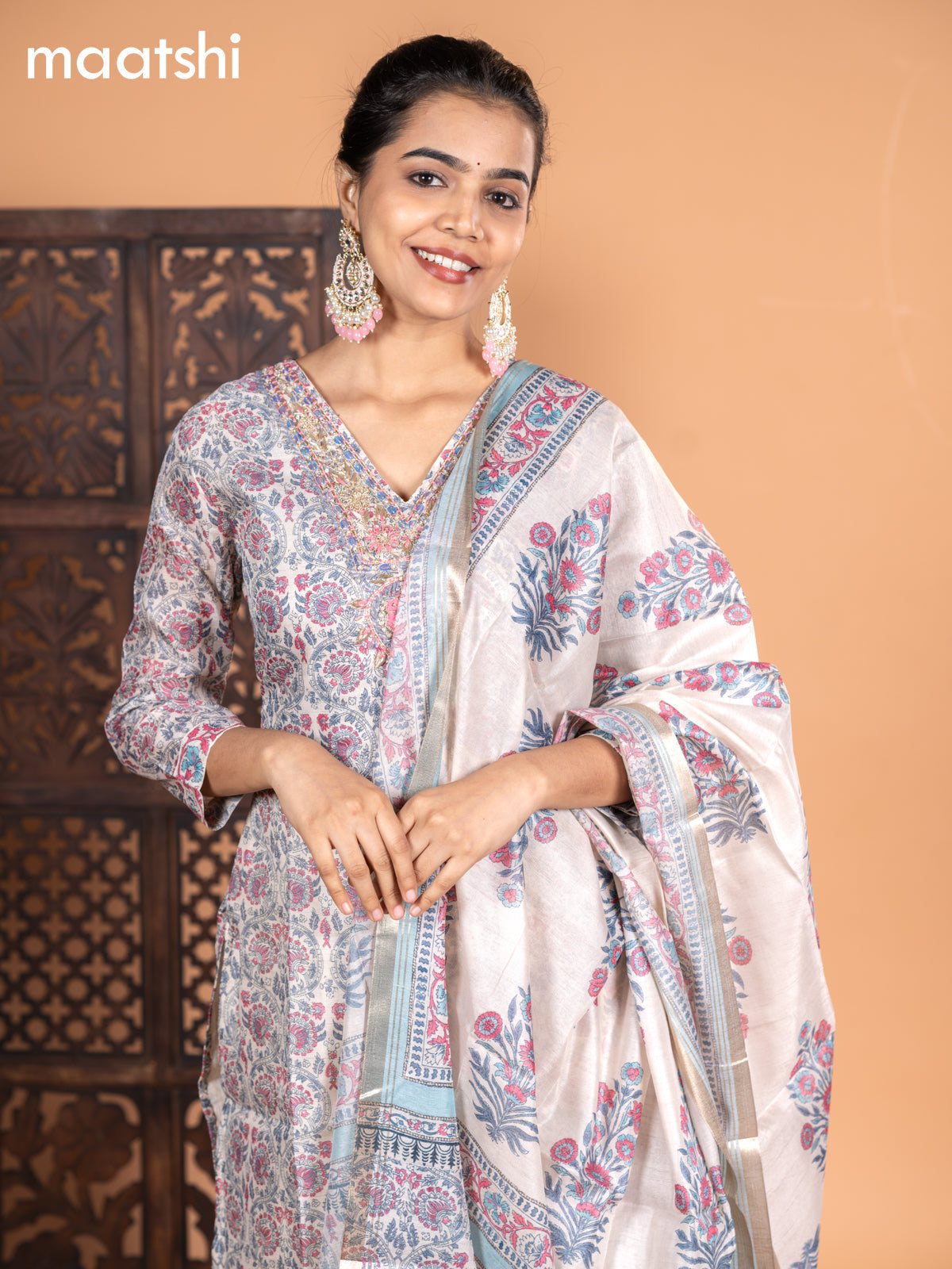 Chanderi salwar suit cream grey and light blue with allover kalamkari prints & embroidery zardosi work v neck pattern and straight cut pant & dupatta