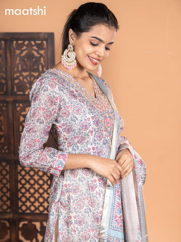 Chanderi salwar suit cream grey and light blue with allover kalamkari prints & embroidery zardosi work v neck pattern and straight cut pant & dupatta