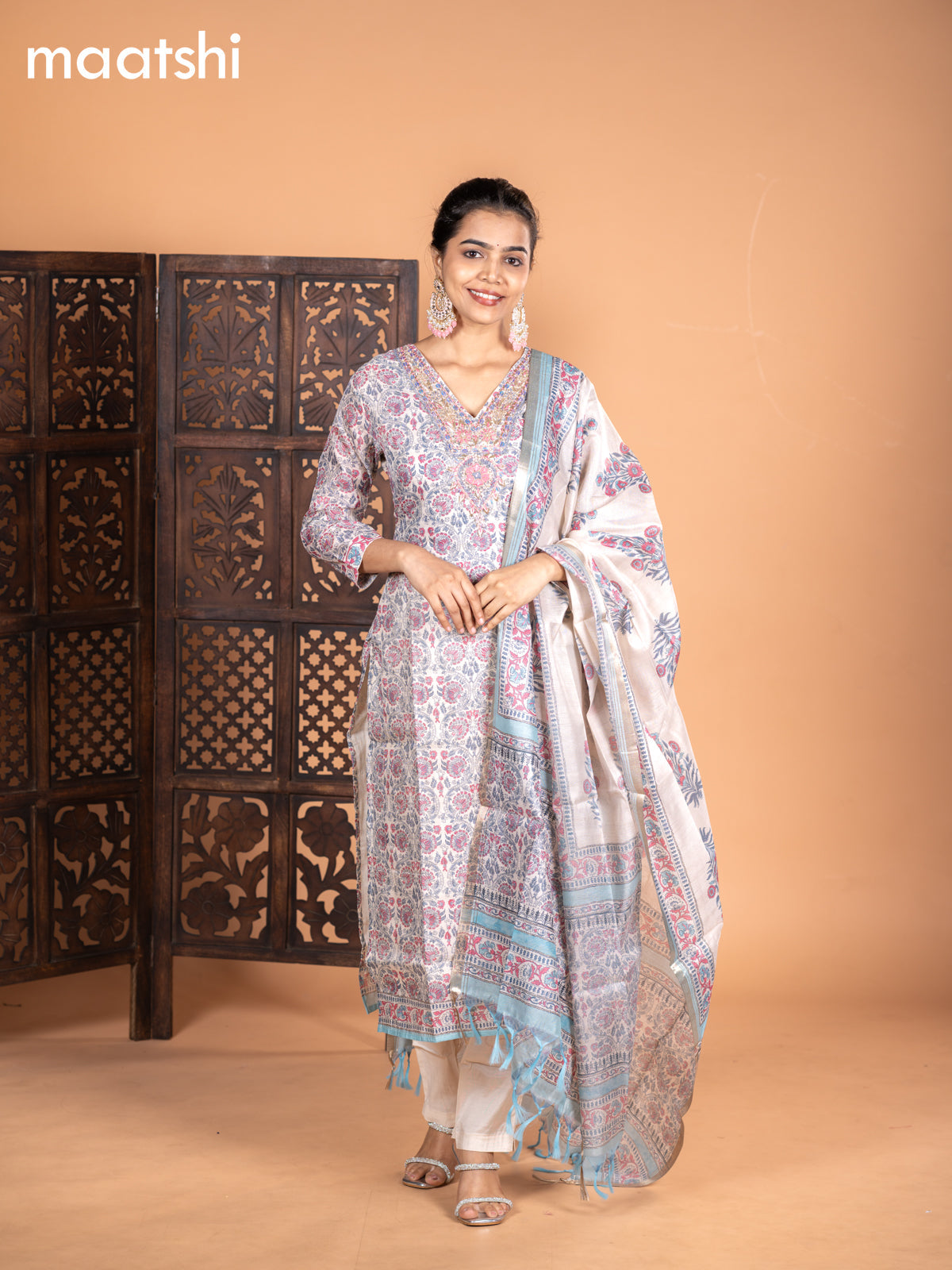 Chanderi salwar suit cream grey and light blue with allover kalamkari prints & embroidery zardosi work v neck pattern and straight cut pant & dupatta