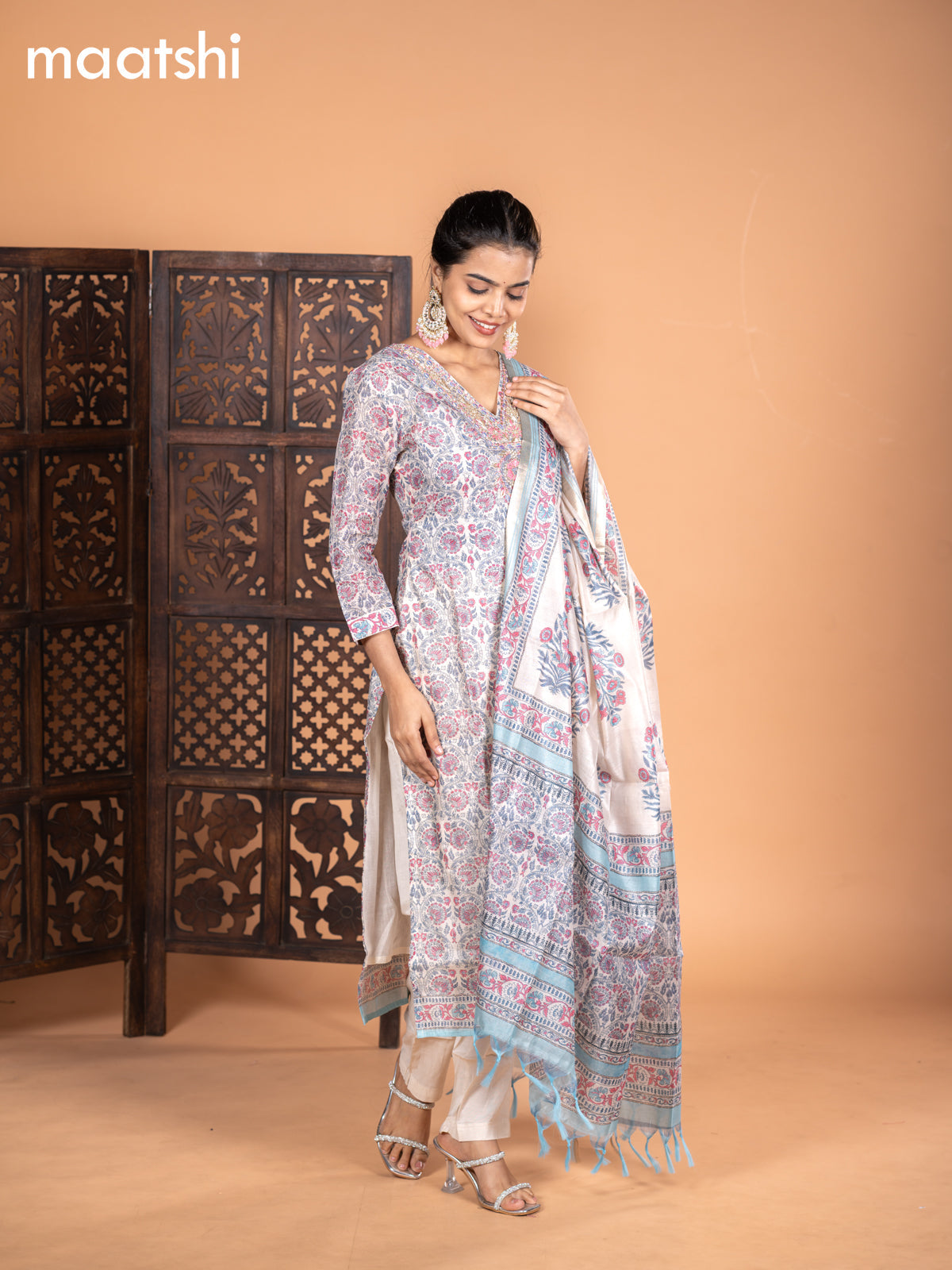 Chanderi salwar suit cream grey and light blue with allover kalamkari prints & embroidery zardosi work v neck pattern and straight cut pant & dupatta