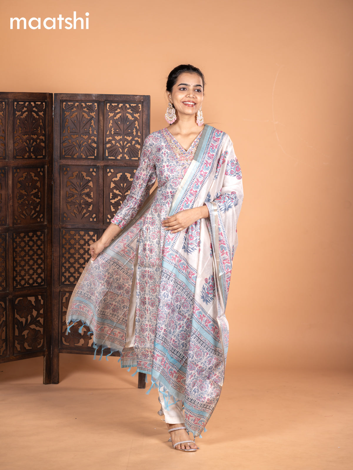 Chanderi salwar suit cream grey and light blue with allover kalamkari prints & embroidery zardosi work v neck pattern and straight cut pant & dupatta