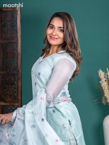 Kota salwar suit teal shade with embroidery buttas & sequin work v neck pattern and straight cut pant & embroidery dupatta