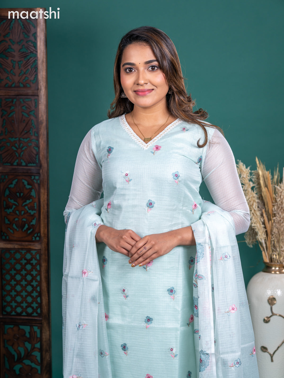 Kota salwar suit teal shade with embroidery buttas & sequin work v neck pattern and straight cut pant & embroidery dupatta