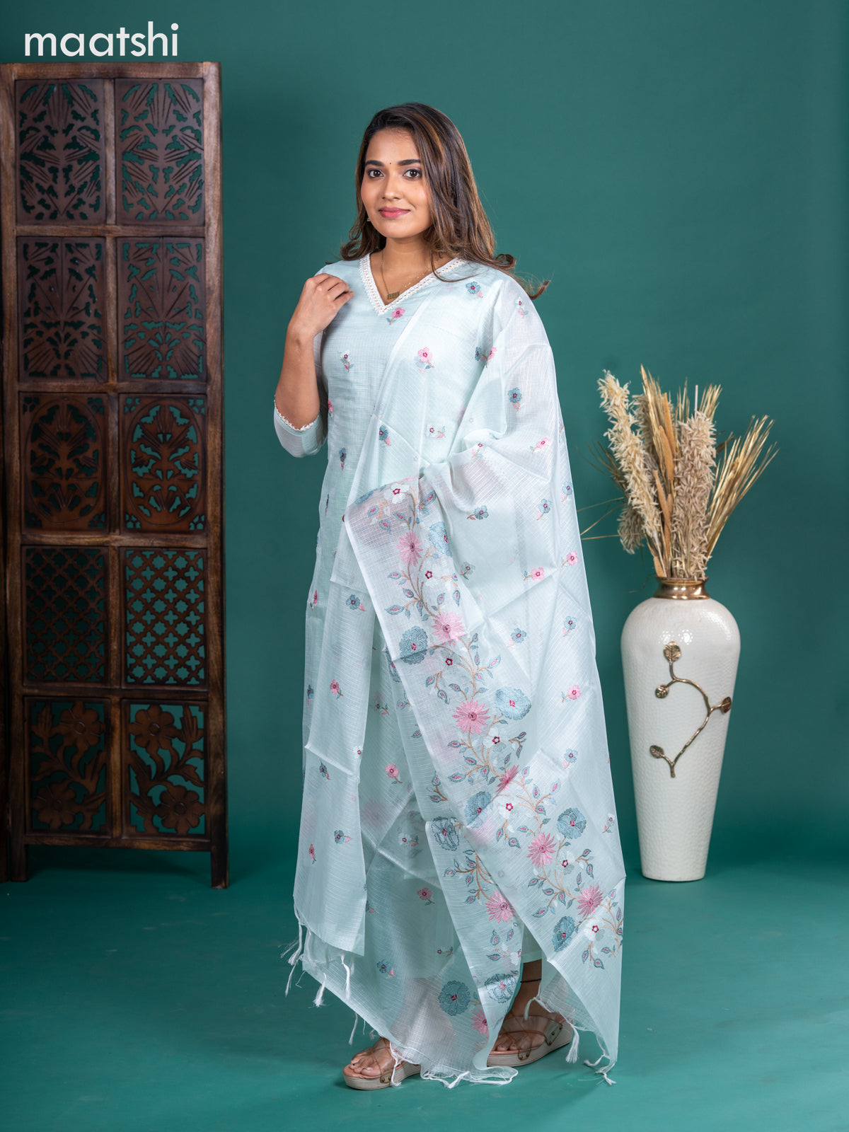 Kota salwar suit teal shade with embroidery buttas & sequin work v neck pattern and straight cut pant & embroidery dupatta