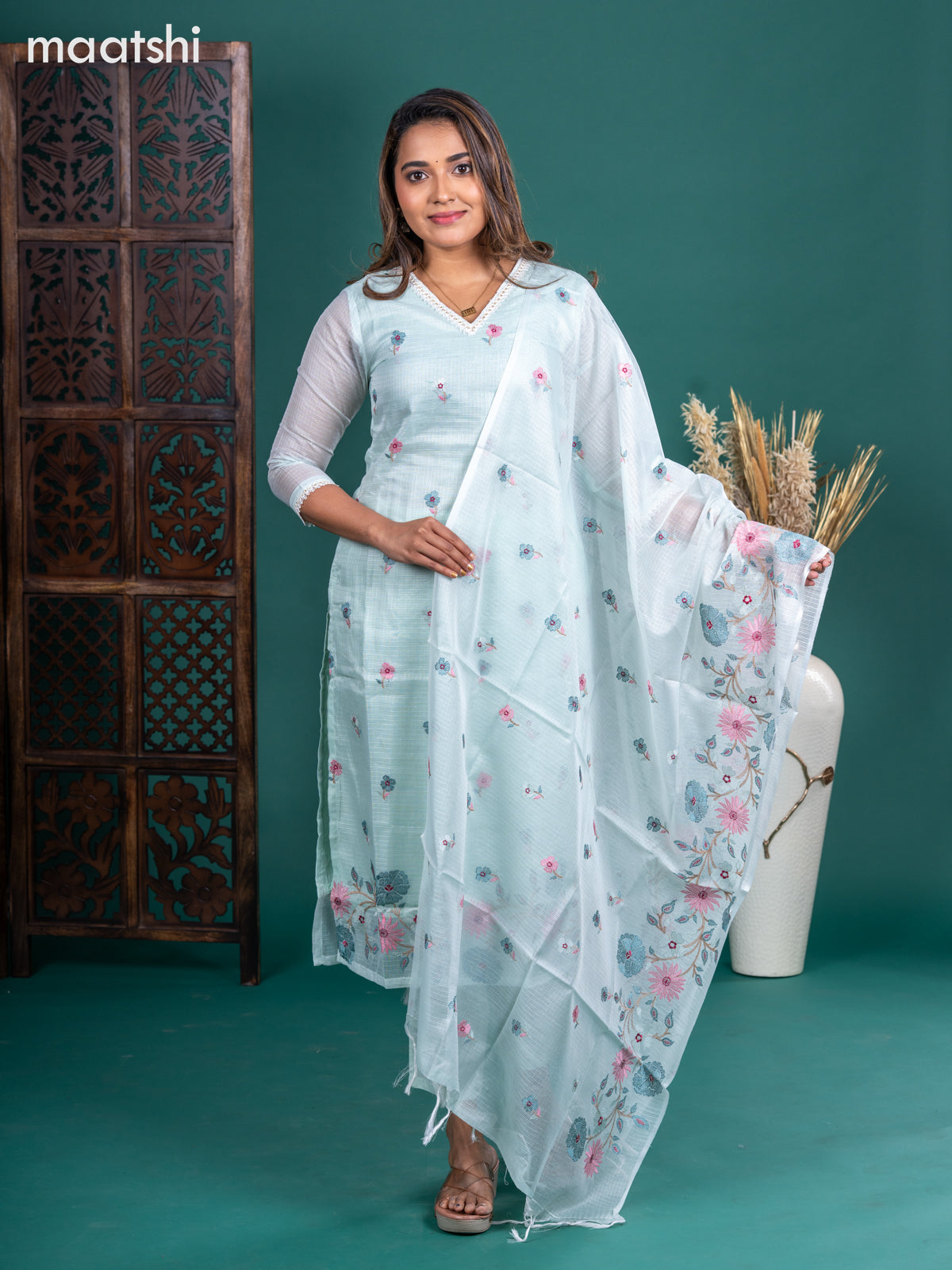 Kota salwar suit teal shade with embroidery buttas & sequin work v neck pattern and straight cut pant & embroidery dupatta