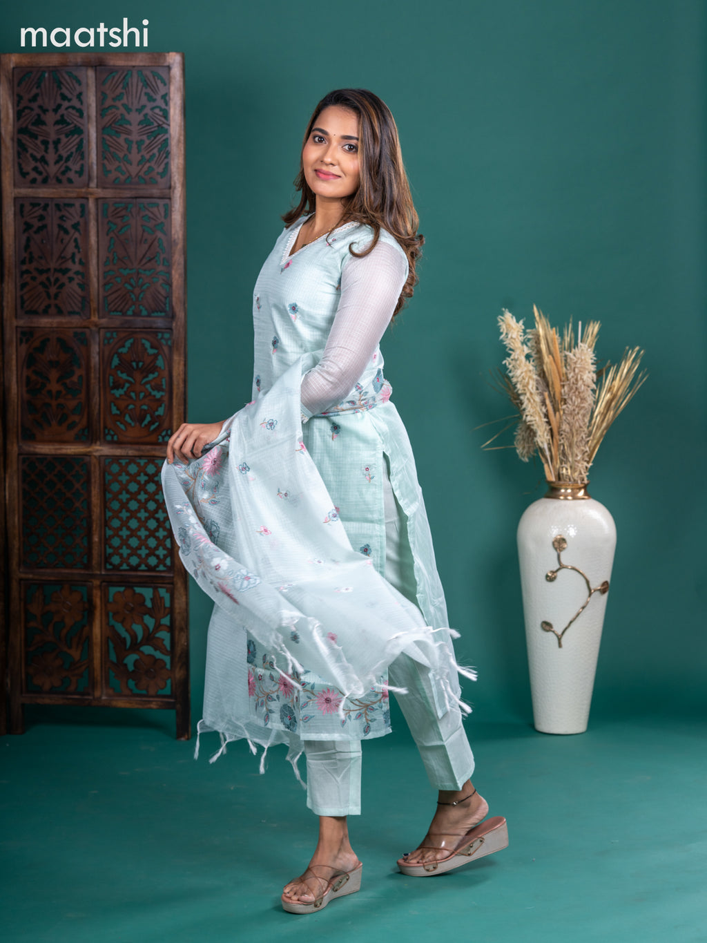 Kota salwar suit teal shade with embroidery buttas & sequin work v neck pattern and straight cut pant & embroidery dupatta