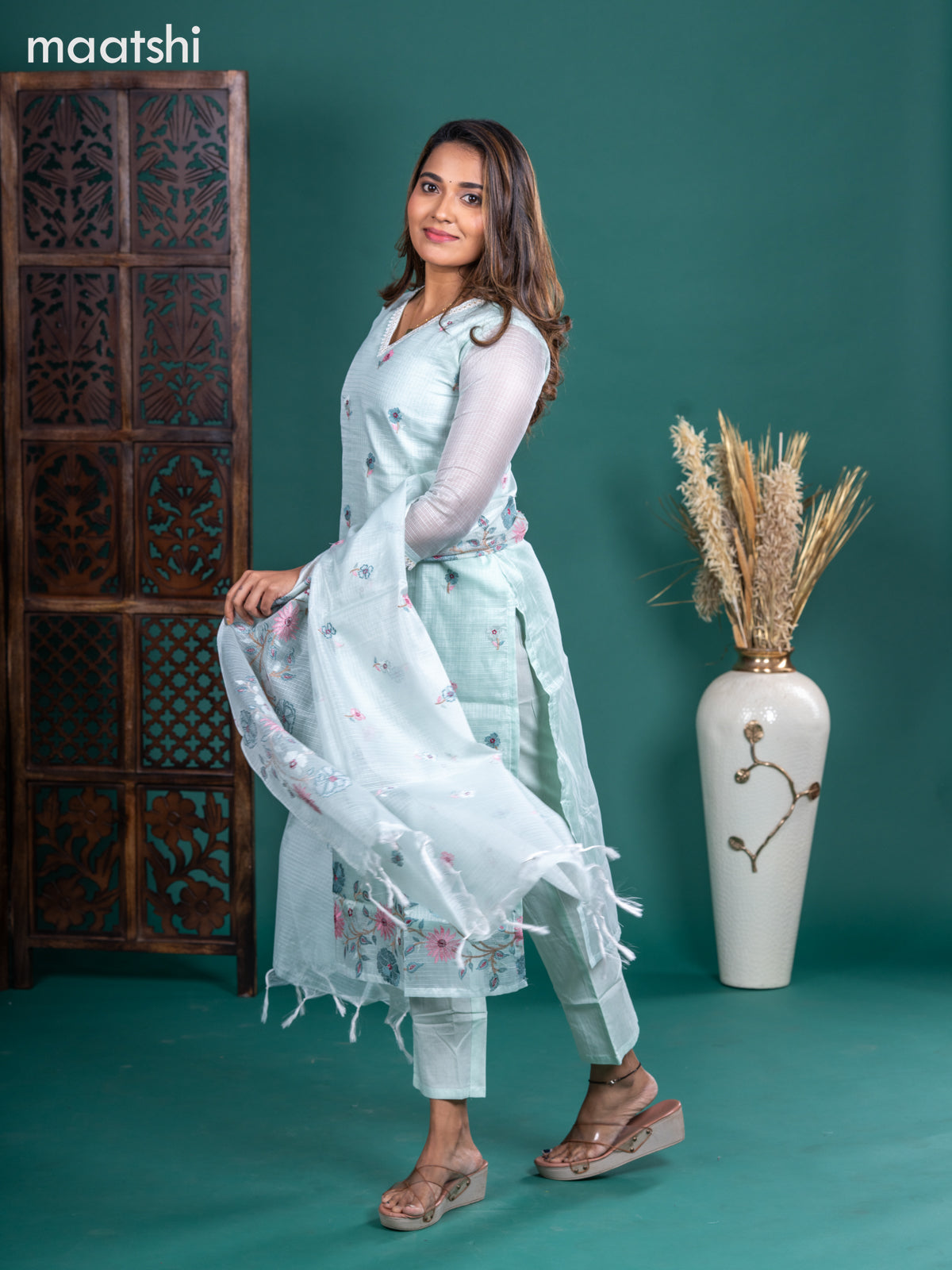 Kota salwar suit teal shade with embroidery buttas & sequin work v neck pattern and straight cut pant & embroidery dupatta