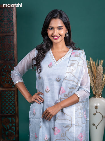 Kota salwar suit greyish blue with embroidery buttas & sequin work v neck pattern and straight cut pant & embroidery dupatta