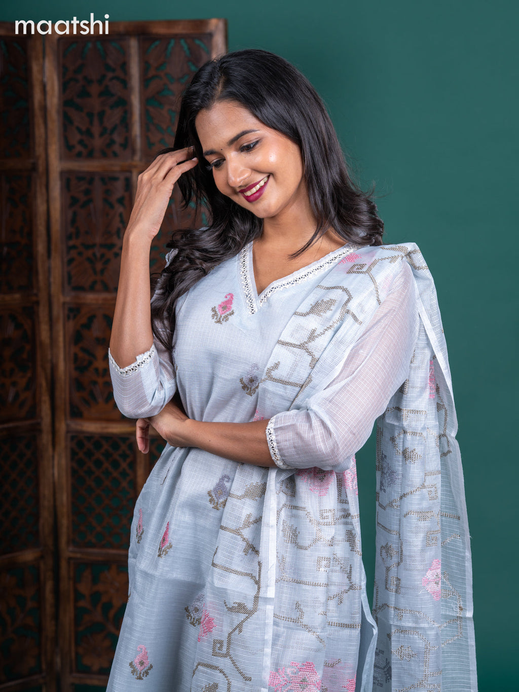 Kota salwar suit greyish blue with embroidery buttas & sequin work v neck pattern and straight cut pant & embroidery dupatta