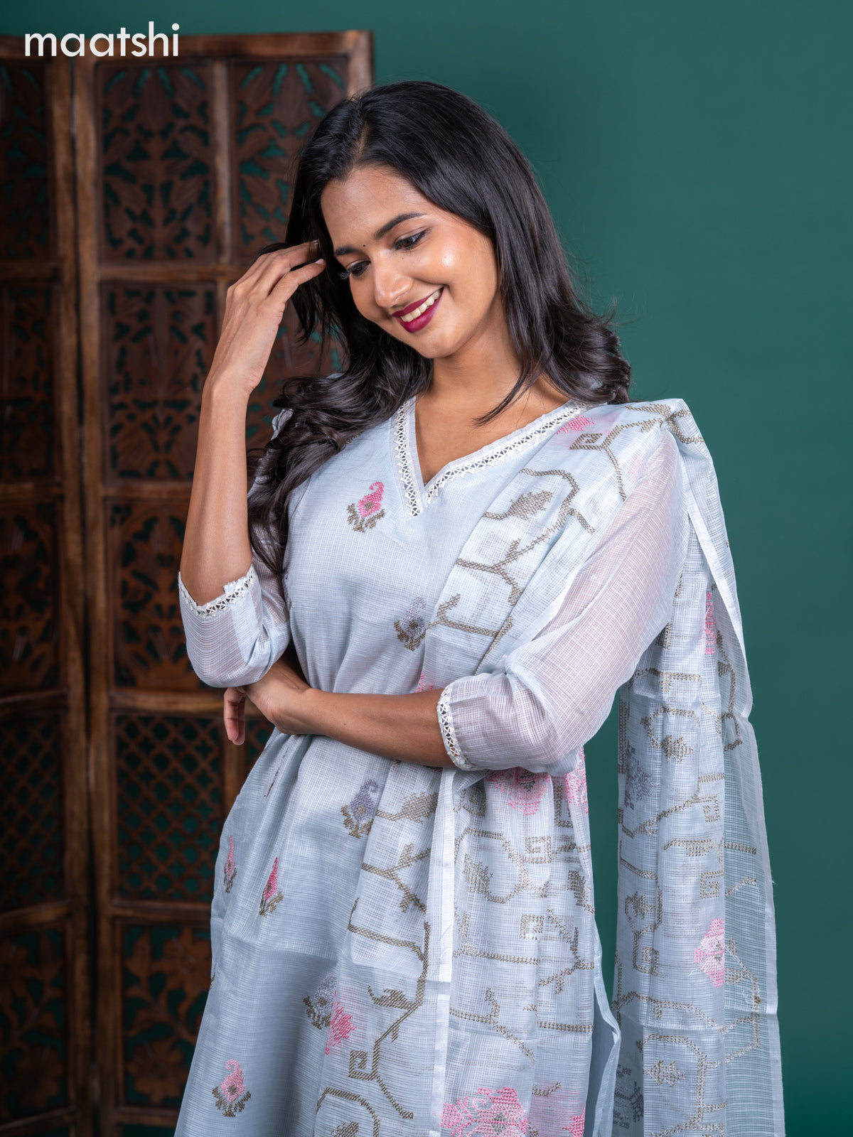 Kota salwar suit greyish blue with embroidery buttas & sequin work v neck pattern and straight cut pant & embroidery dupatta