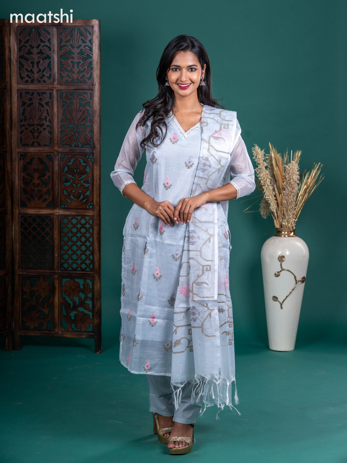 Kota salwar suit greyish blue with embroidery buttas & sequin work v neck pattern and straight cut pant & embroidery dupatta