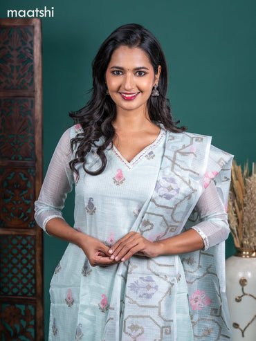 Kota salwar suit teal shade with embroidery buttas & sequin work v neck pattern and straight cut pant & embroidery dupatta