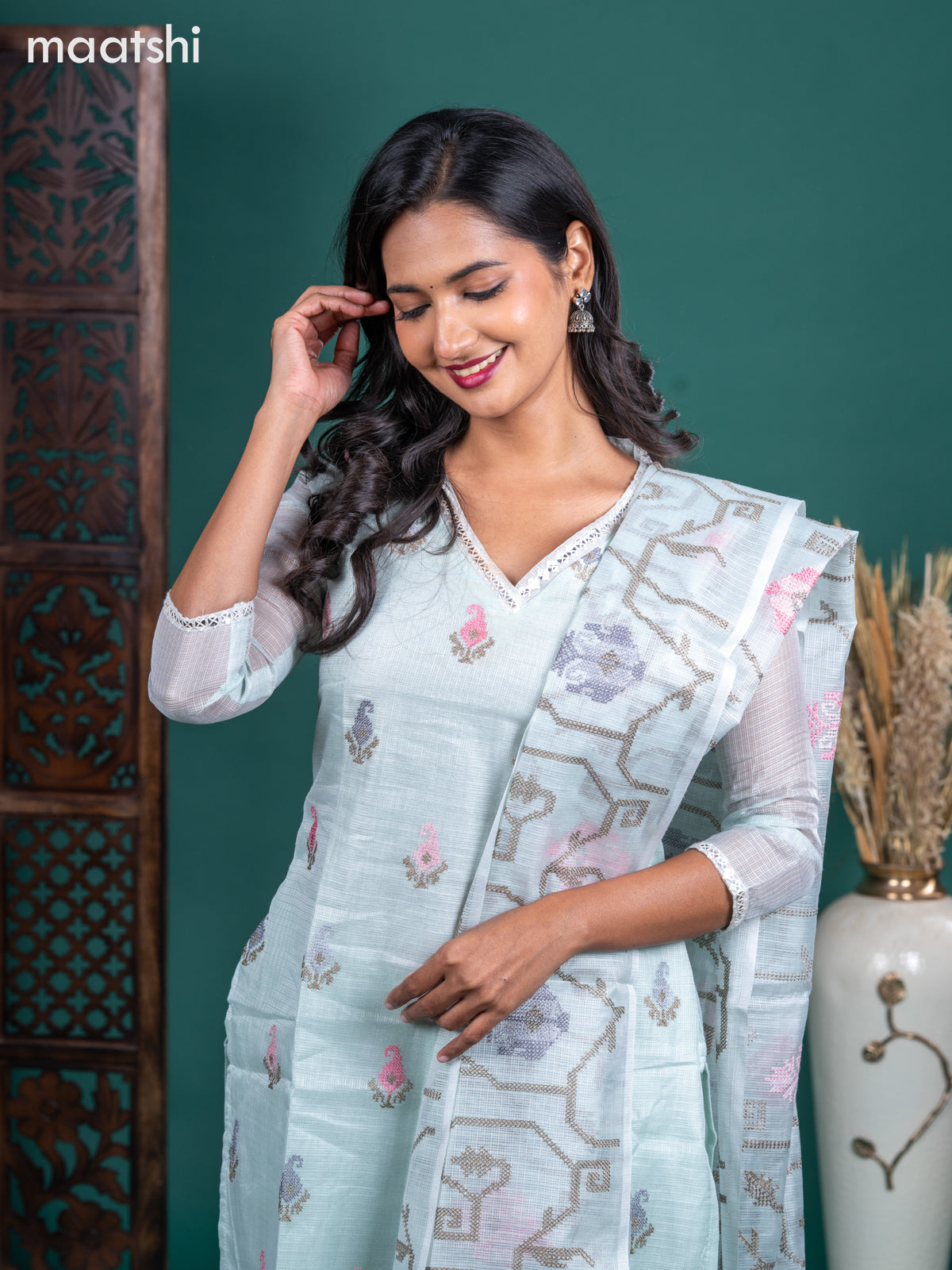 Kota salwar suit teal shade with embroidery buttas & sequin work v neck pattern and straight cut pant & embroidery dupatta