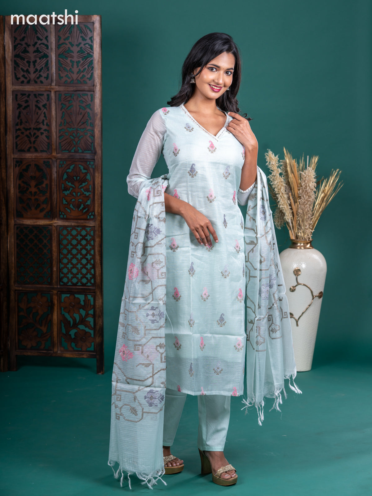 Kota salwar suit teal shade with embroidery buttas & sequin work v neck pattern and straight cut pant & embroidery dupatta