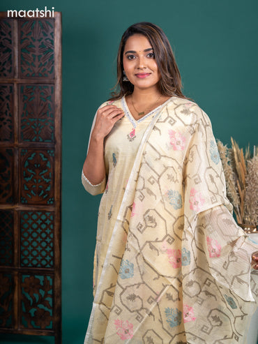 Kota salwar suit pale yellow with embroidery buttas & sequin work v neck pattern and straight cut pant & embroidery dupatta