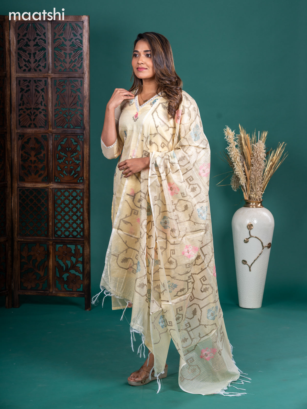 Kota salwar suit pale yellow with embroidery buttas & sequin work v neck pattern and straight cut pant & embroidery dupatta