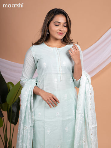 Chanderi salwar suit teal shade with embroidery buttas & sequin work neck pattern and straight cut pant & embroidery dupatta