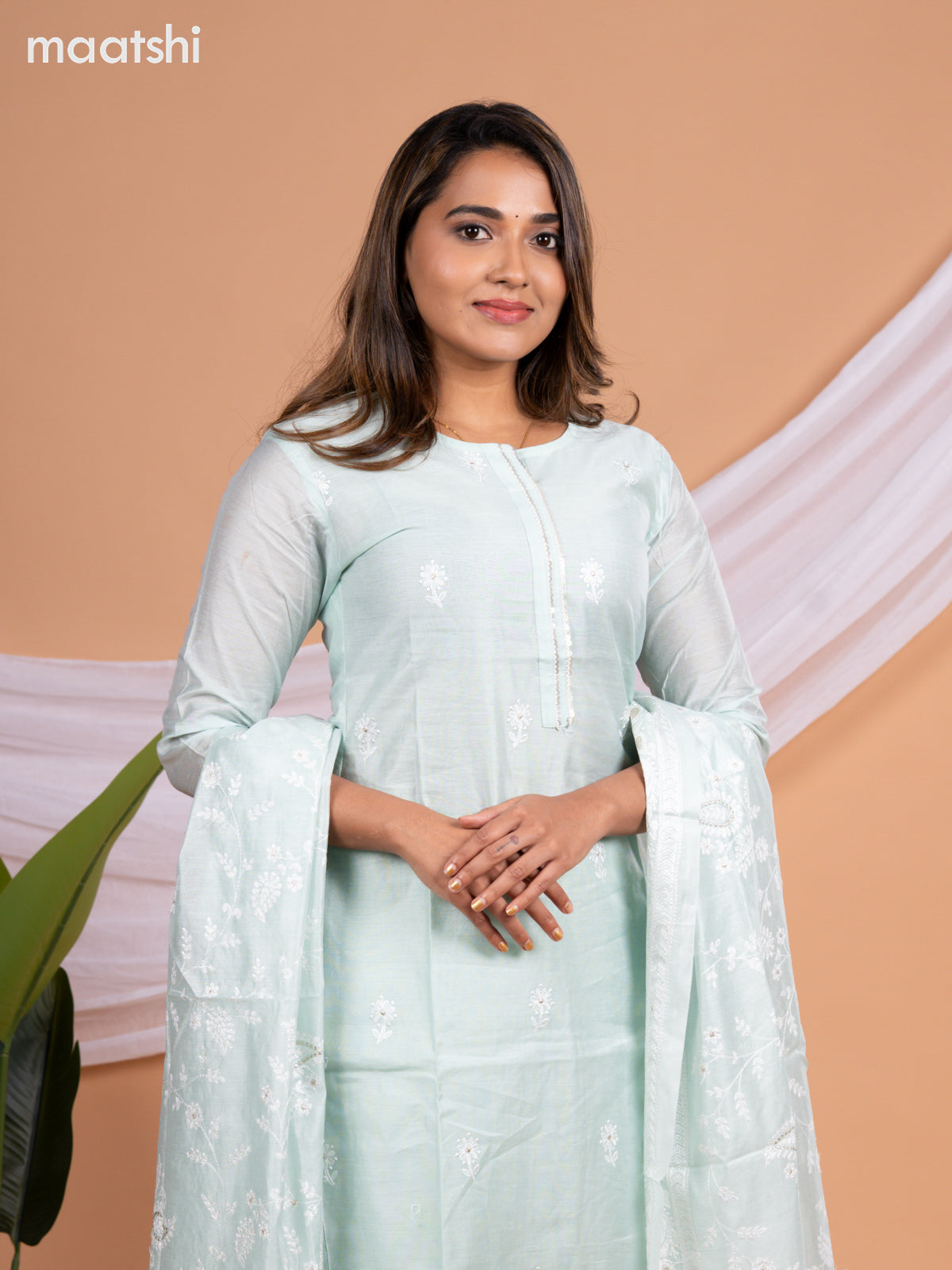 Chanderi salwar suit teal shade with embroidery buttas & sequin work neck pattern and straight cut pant & embroidery dupatta