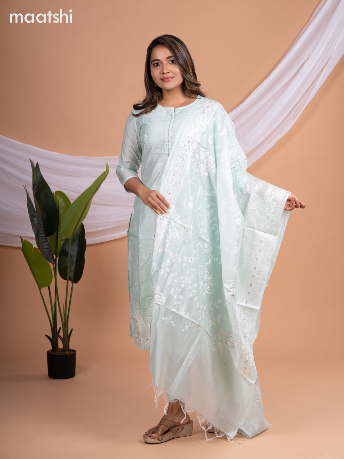 Chanderi salwar suit teal shade with embroidery buttas & sequin work neck pattern and straight cut pant & embroidery dupatta