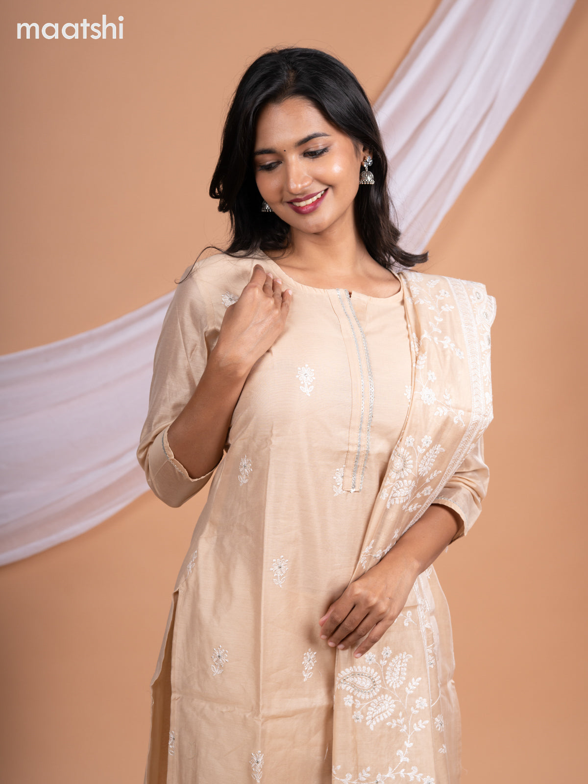 Chanderi salwar suit sandal with embroidery buttas & sequin work neck pattern and straight cut pant & embroidery dupatta