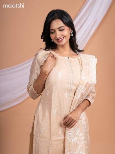 Chanderi salwar suit sandal with embroidery buttas & sequin work neck pattern and straight cut pant & embroidery dupatta